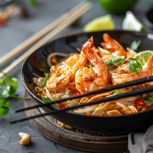 Wok de crevettes, sauce thaï & noodles aux légumes croquants